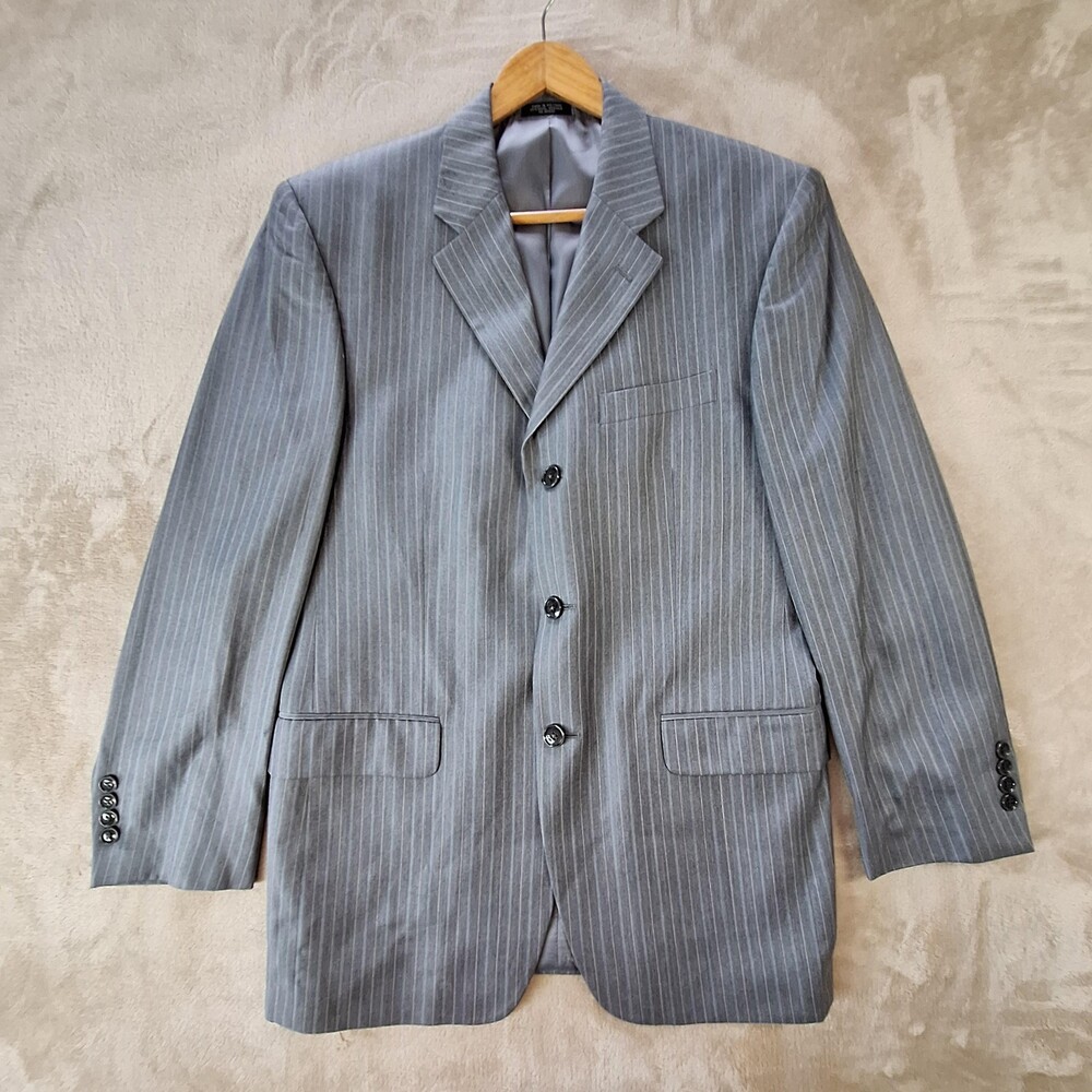 Jones New York Suit Jacket Mens 40 Gray Wool Silk Stripe Ventless 3 Btn Formal